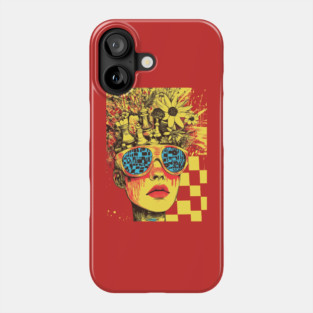 Neo-Punk Chessboard Head with Floral and Abstract Elements Phone Case