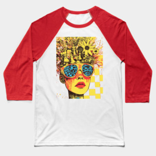 Neo-Punk Chessboard Head with Floral and Abstract Elements Baseball T-Shirt