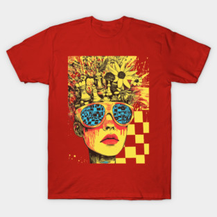 Neo-Punk Chessboard Head with Floral and Abstract Elements T-Shirt