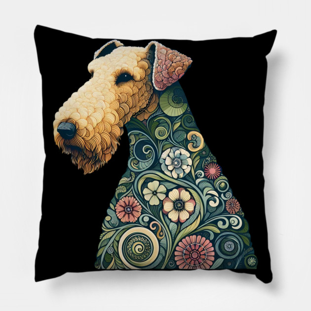 Airedale Dog Botanical Style Illustration 2 Pillow by BirdsnStuff
