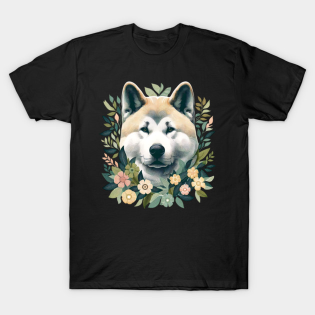 Akita Dog Botanical Illustration Nature Art 5 T-Shirt by BirdsnStuff