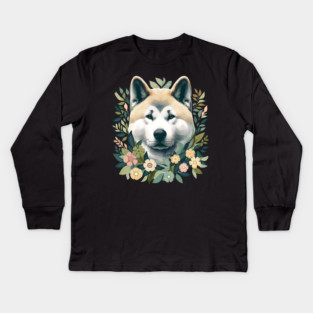 Akita Dog Botanical Illustration Nature Art 5 Kids Long Sleeve T-Shirt