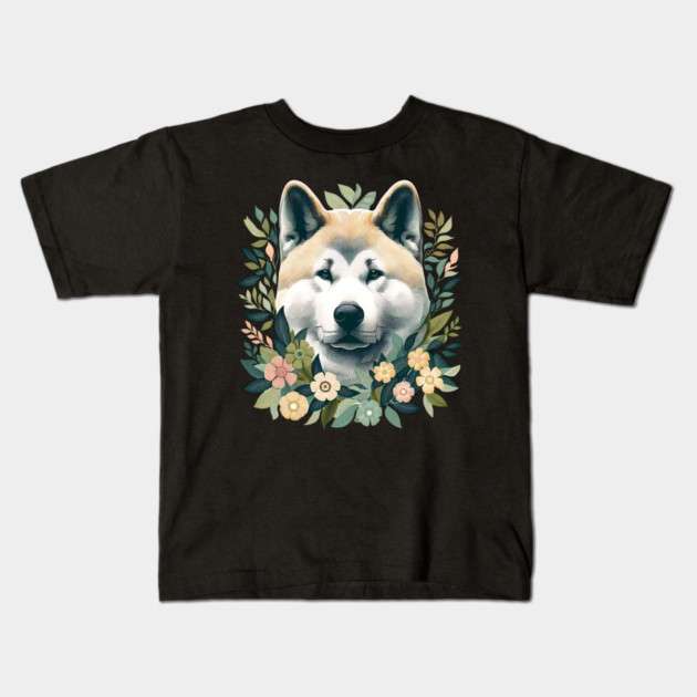Akita Dog Botanical Illustration Nature Art 5 Kids T-Shirt by BirdsnStuff