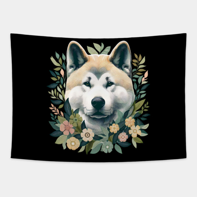 Akita Dog Botanical Illustration Nature Art 5 Tapestry by BirdsnStuff