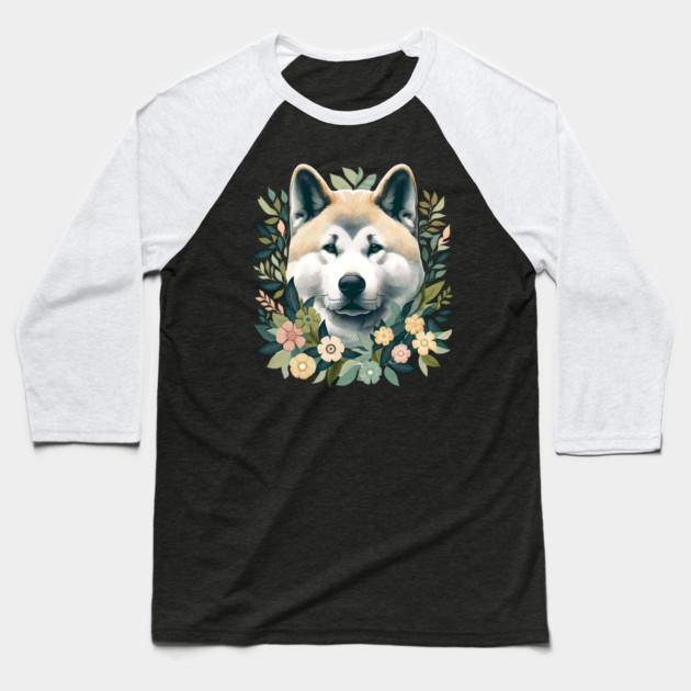 Akita Dog Botanical Illustration Nature Art 5 Baseball T-Shirt by BirdsnStuff