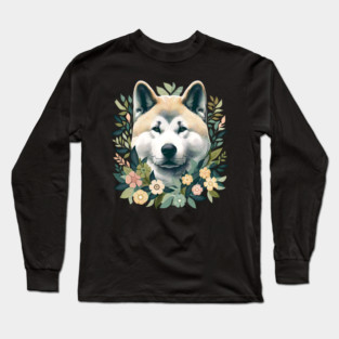 Akita Dog Botanical Illustration Nature Art 5 Long Sleeve T-Shirt