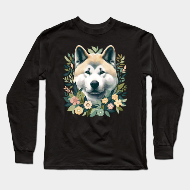 Akita Dog Botanical Illustration Nature Art 5 Long Sleeve T-Shirt by BirdsnStuff