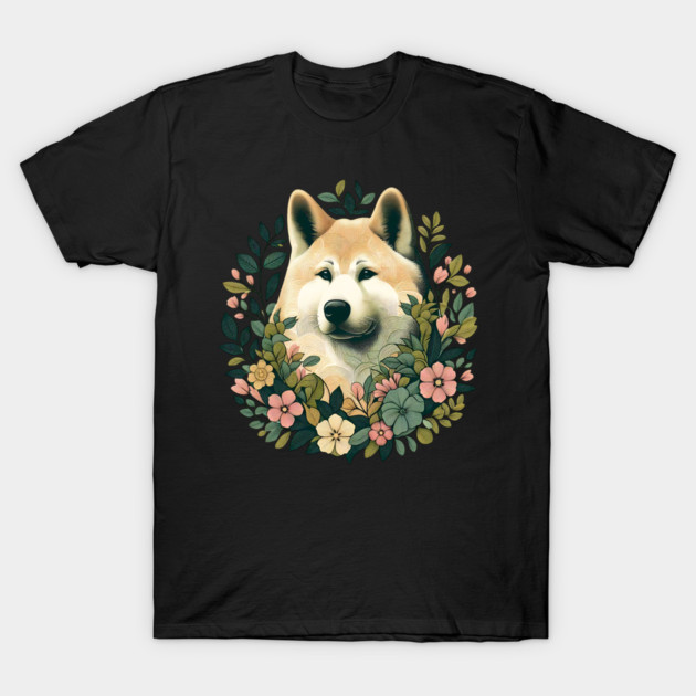 Akita Dog Botanical Illustration Nature Art 4 T-Shirt by BirdsnStuff