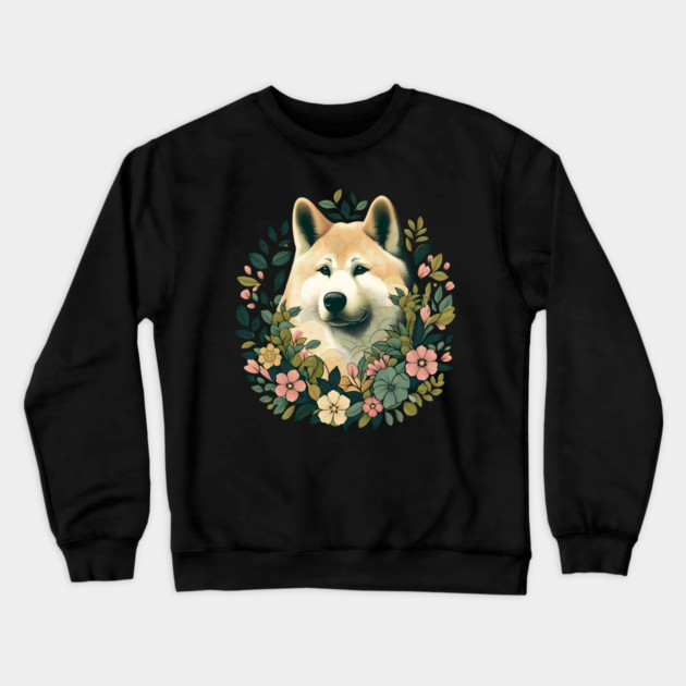 Akita Dog Botanical Illustration Nature Art 4 Crewneck Sweatshirt by BirdsnStuff