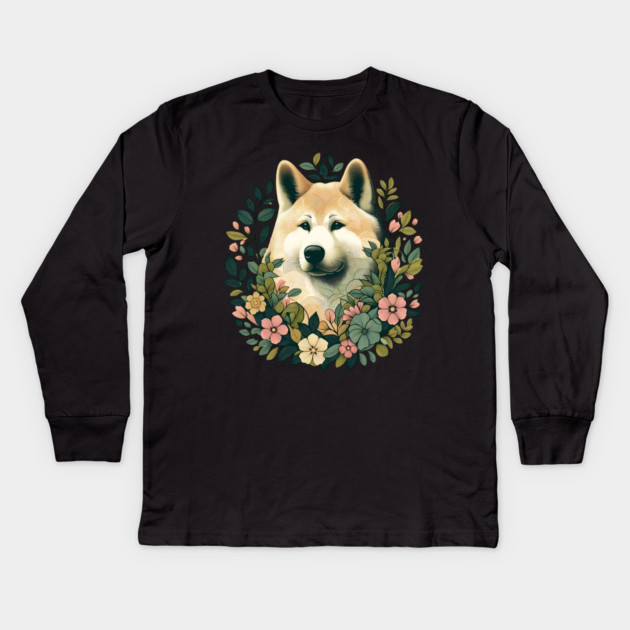 Akita Dog Botanical Illustration Nature Art 4 Kids Long Sleeve T-Shirt by BirdsnStuff