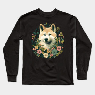 Akita Dog Botanical Illustration Nature Art 4 Long Sleeve T-Shirt