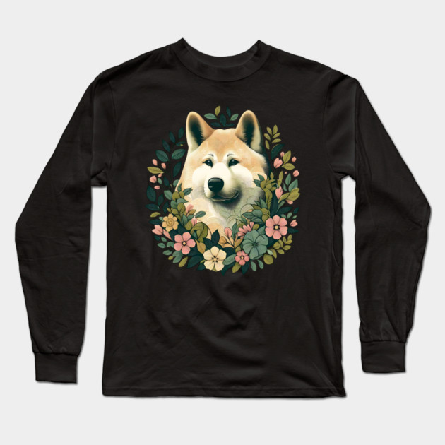 Akita Dog Botanical Illustration Nature Art 4 Long Sleeve T-Shirt by BirdsnStuff