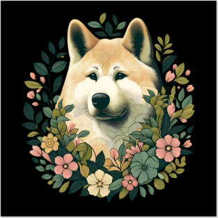 Akita Dog Botanical Illustration Nature Art 4 Posters and Art