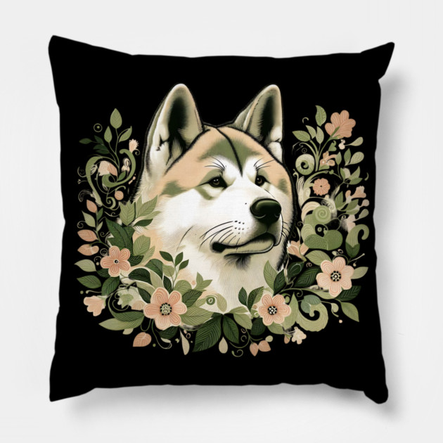 Akita Dog Botanical Illustration Nature Art 3 Pillow by BirdsnStuff