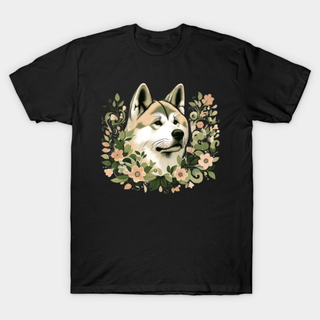 Akita Dog Botanical Illustration Nature Art 3 T-Shirt by BirdsnStuff