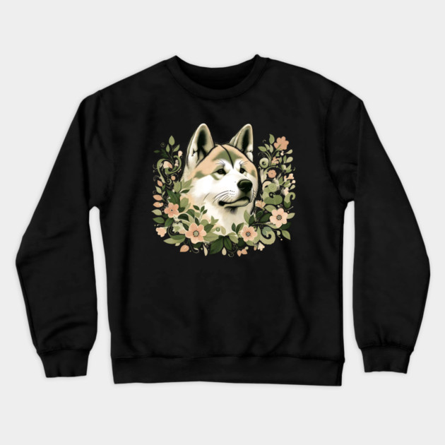 Akita Dog Botanical Illustration Nature Art 3 Crewneck Sweatshirt by BirdsnStuff