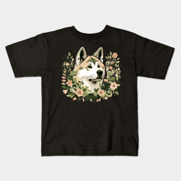 Akita Dog Botanical Illustration Nature Art 3 Kids T-Shirt by BirdsnStuff
