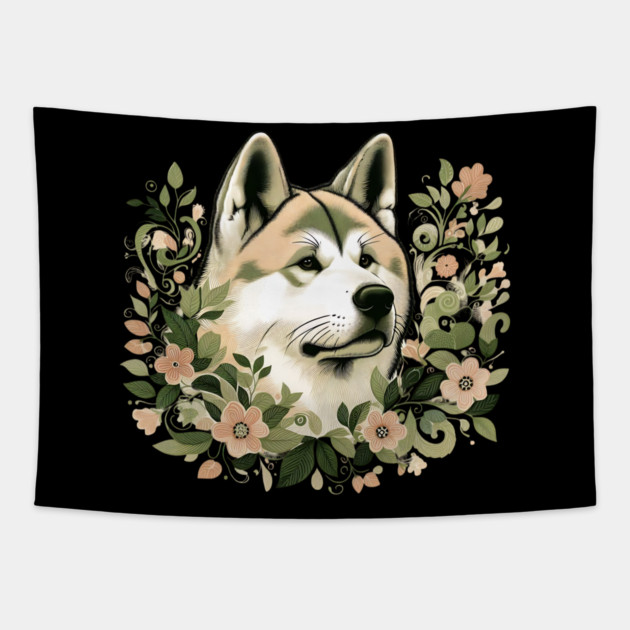 Akita Dog Botanical Illustration Nature Art 3 Tapestry by BirdsnStuff