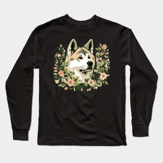 Akita Dog Botanical Illustration Nature Art 3 Long Sleeve T-Shirt by BirdsnStuff