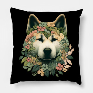 Akita Dog Botanical Illustration Nature Art 2 Pillow