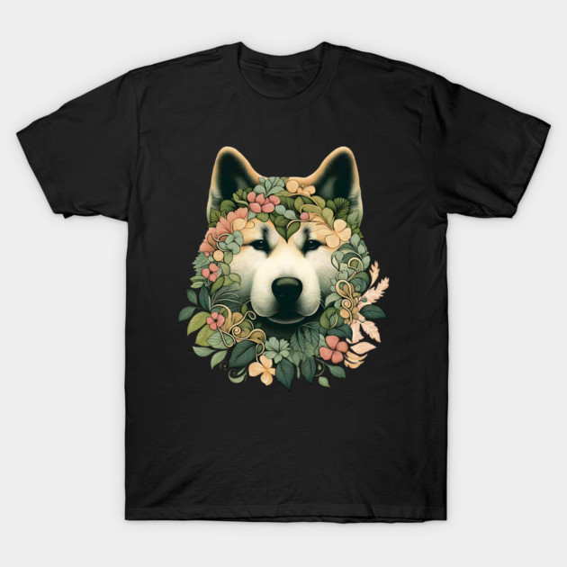 Akita Dog Botanical Illustration Nature Art 2 T-Shirt by BirdsnStuff
