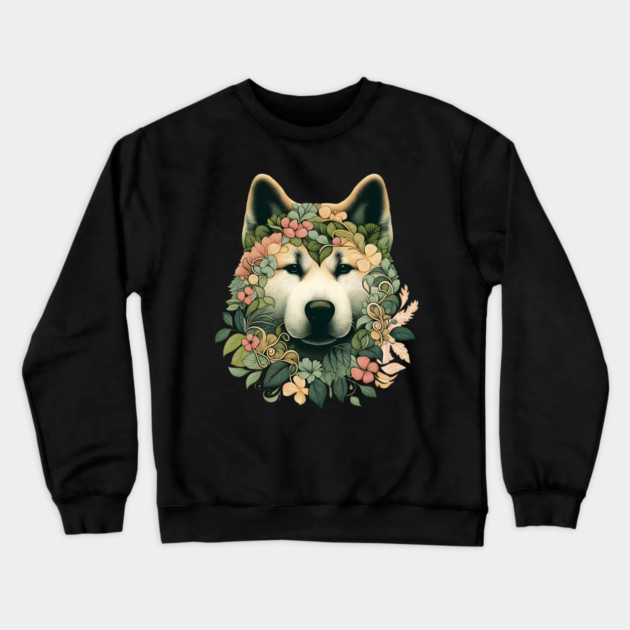 Akita Dog Botanical Illustration Nature Art 2 Crewneck Sweatshirt by BirdsnStuff