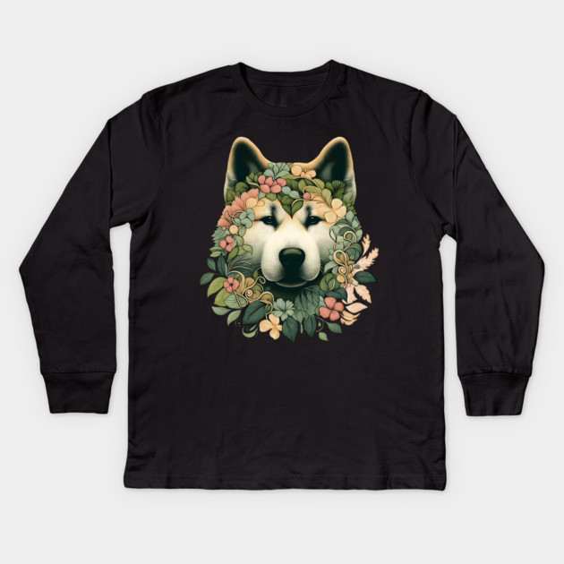 Akita Dog Botanical Illustration Nature Art 2 Kids Long Sleeve T-Shirt by BirdsnStuff