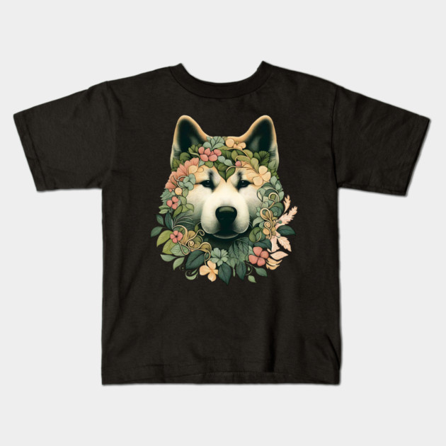 Akita Dog Botanical Illustration Nature Art 2 Kids T-Shirt by BirdsnStuff