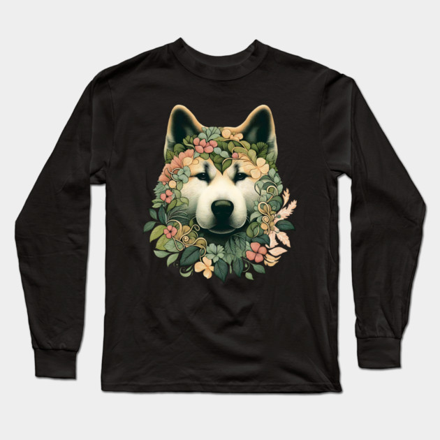 Akita Dog Botanical Illustration Nature Art 2 Long Sleeve T-Shirt by BirdsnStuff