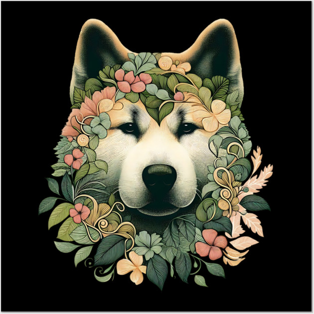 Akita Dog Botanical Illustration Nature Art 2 Wall Art by BirdsnStuff