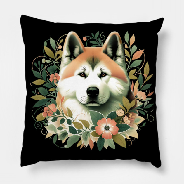 Akita Dog Botanical Illustration Nature Art Pillow by BirdsnStuff