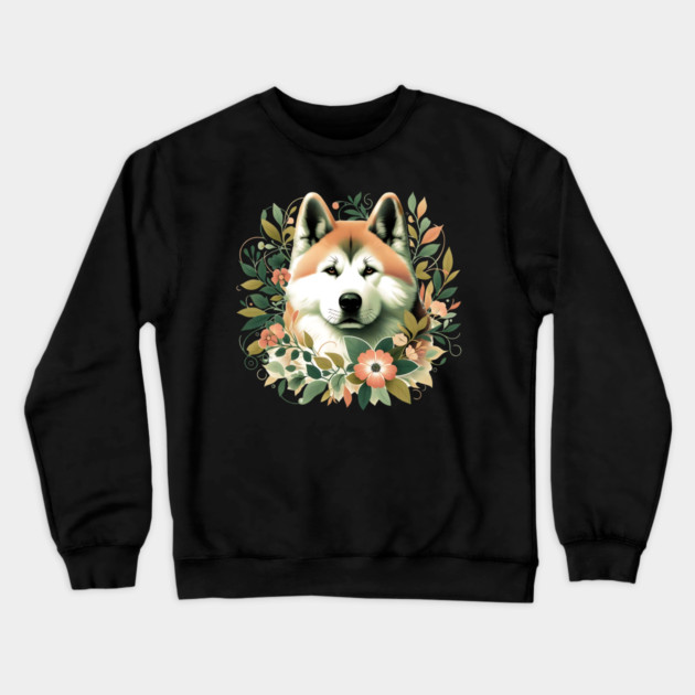 Akita Dog Botanical Illustration Nature Art Crewneck Sweatshirt by BirdsnStuff