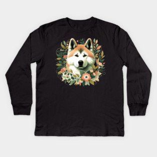 Akita Dog Botanical Illustration Nature Art Kids Long Sleeve T-Shirt