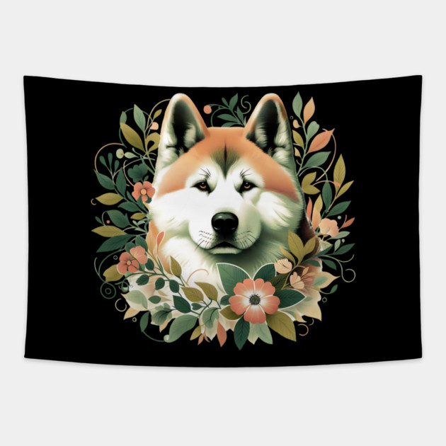 Akita Dog Botanical Illustration Nature Art Tapestry by BirdsnStuff