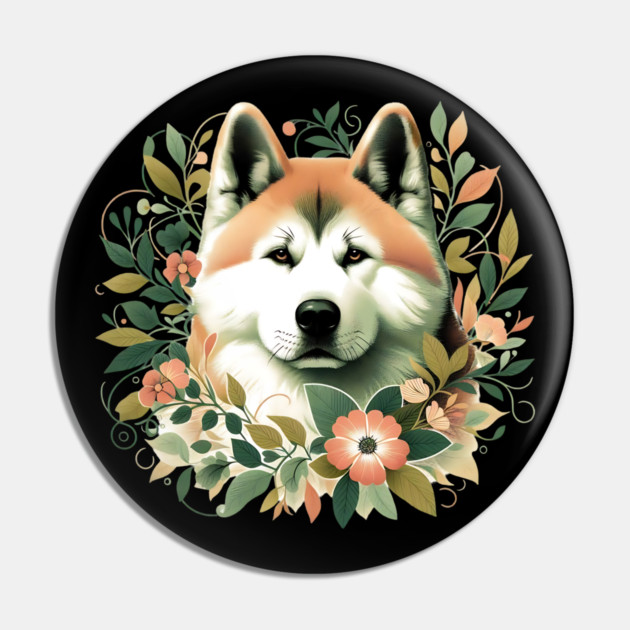 Akita Dog Botanical Illustration Nature Art Pin by BirdsnStuff