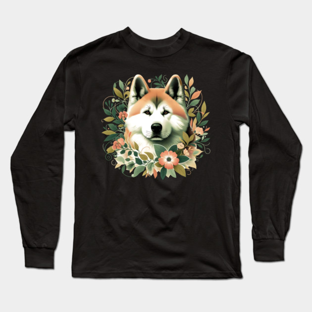 Akita Dog Botanical Illustration Nature Art Long Sleeve T-Shirt by BirdsnStuff
