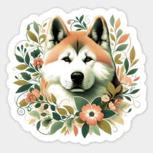 Akita Dog Botanical Illustration Nature Art Sticker