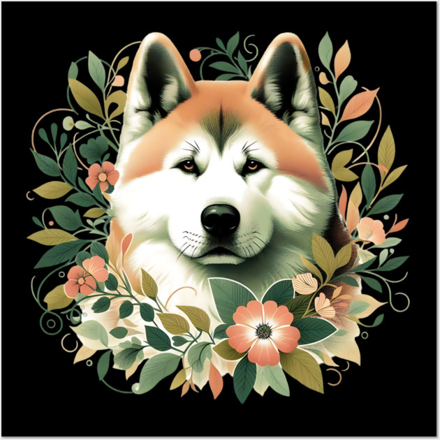 Akita Dog Botanical Illustration Nature Art Wall Art by BirdsnStuff