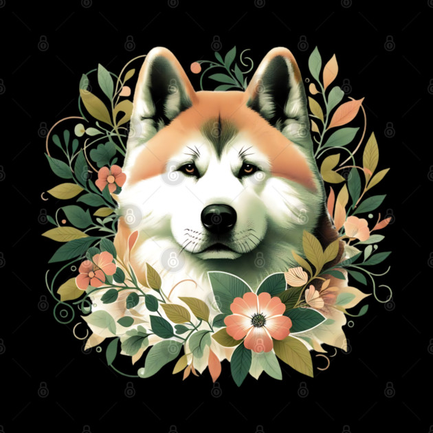 Akita Dog Botanical Illustration Nature Art by BirdsnStuff