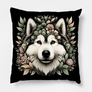 Botanical Alaskan Malamute Dog Illustration Nature Art 6 Pillow