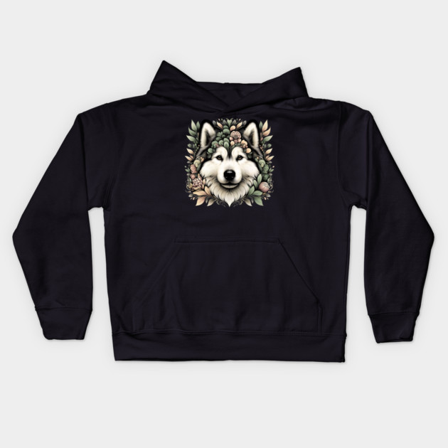 Botanical Alaskan Malamute Dog Illustration Nature Art 6 Kids Hoodie by BirdsnStuff