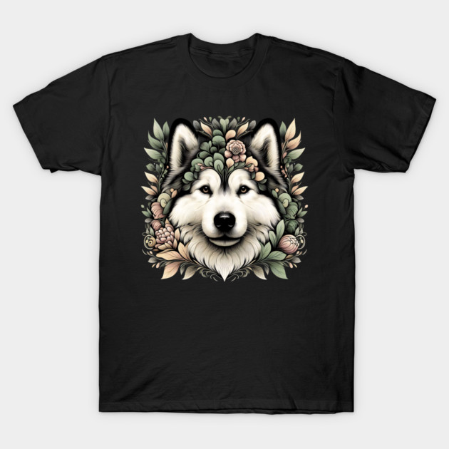 Botanical Alaskan Malamute Dog Illustration Nature Art 6 T-Shirt by BirdsnStuff