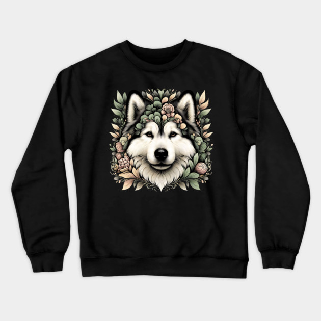 Botanical Alaskan Malamute Dog Illustration Nature Art 6 Crewneck Sweatshirt by BirdsnStuff