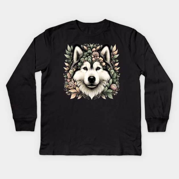 Botanical Alaskan Malamute Dog Illustration Nature Art 6 Kids Long Sleeve T-Shirt by BirdsnStuff