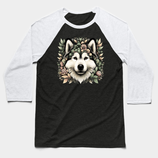 Botanical Alaskan Malamute Dog Illustration Nature Art 6 Baseball T-Shirt by BirdsnStuff
