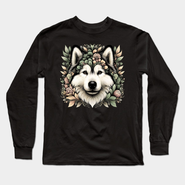 Botanical Alaskan Malamute Dog Illustration Nature Art 6 Long Sleeve T-Shirt by BirdsnStuff