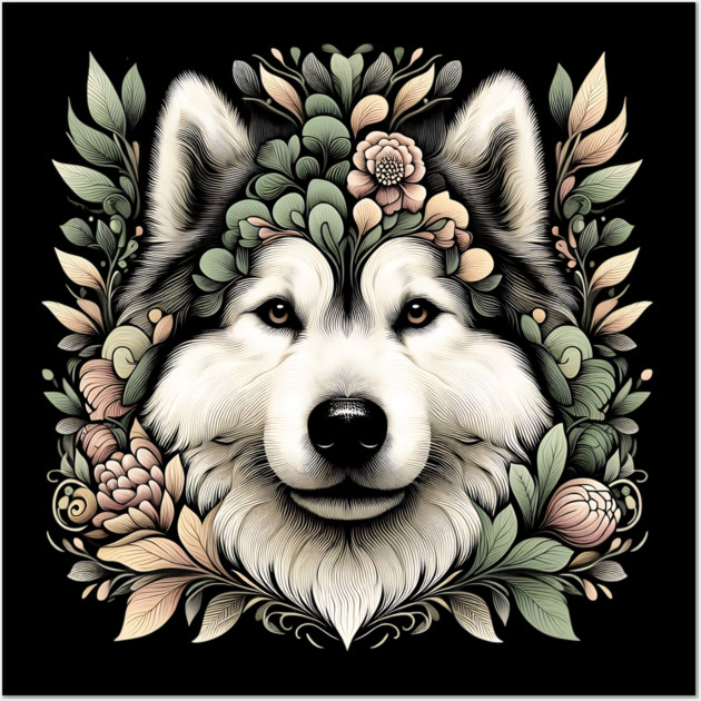 Botanical Alaskan Malamute Dog Illustration Nature Art 6 Wall Art by BirdsnStuff