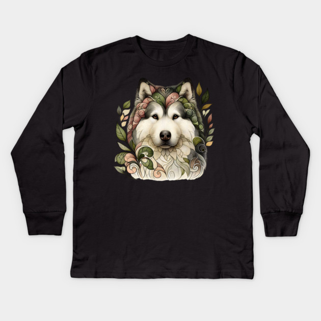Botanical Alaskan Malamute Dog Illustration Nature Art 5 Kids Long Sleeve T-Shirt by BirdsnStuff