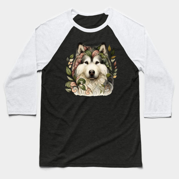 Botanical Alaskan Malamute Dog Illustration Nature Art 5 Baseball T-Shirt by BirdsnStuff