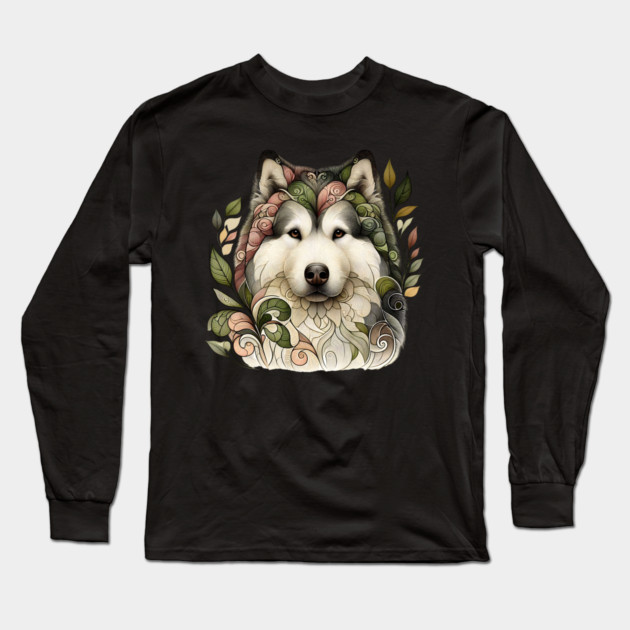 Botanical Alaskan Malamute Dog Illustration Nature Art 5 Long Sleeve T-Shirt by BirdsnStuff